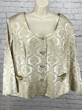 VTG Blacktie Oleg Cassini Ivory Gold Damask Blazer Jacket USA Made Plus Size 20W